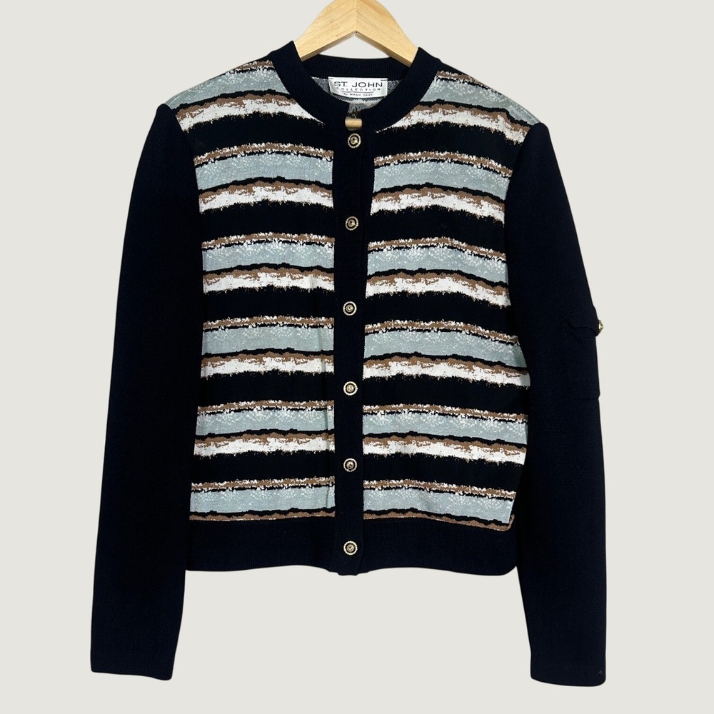 St John Cardigan Santana Knit Size 10 Black Blue Stripe Gold Buttons Old Money